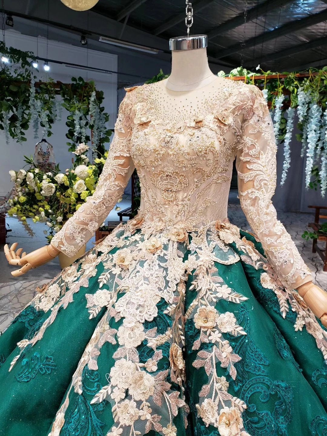 Ball Gown Long Sleeve Satin Beads Prom Dresses, Quinceanera Dresses with Appliques SRS15059