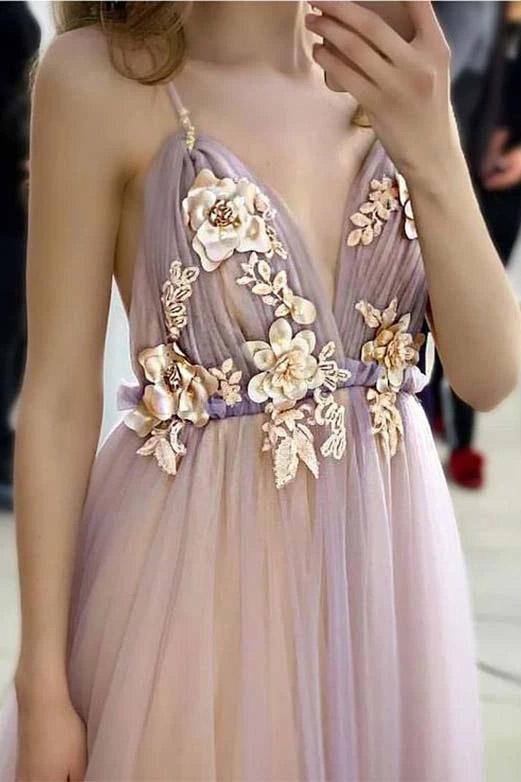 Elegant A Line Spaghetti Straps V Neck Prom Dress With Handmade Flowers, Bridesmaid Dress SRS15577