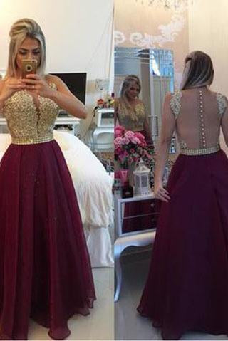 See Through Lace Cheap Unique Burgundy Sleeveless Beads A-Line V-Neck Prom Dresses RS972