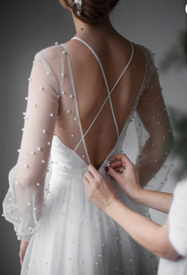 A-Line/Princess Tulle Beading Scoop Long Sleeves Sweep/Brush Train Wedding Dresses