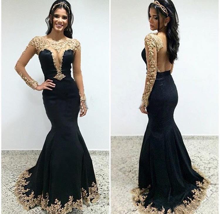 Sexy Black Lace Long Sleeves Long Mermaid Prom Dresses Evening Dresses RS499