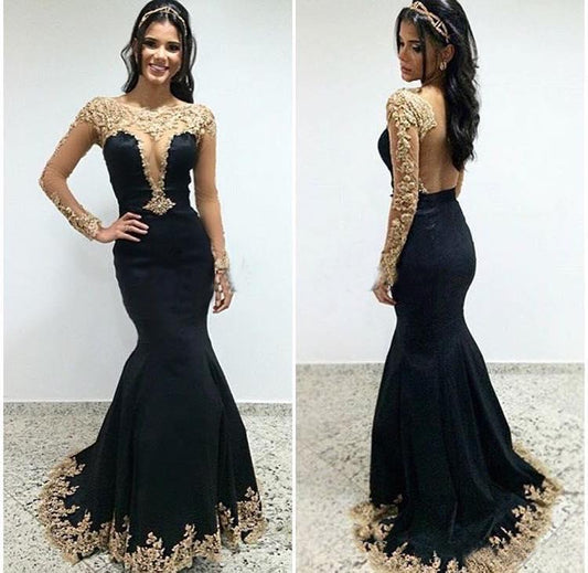 Sexy Black Lace Long Sleeves Long Mermaid Prom Dresses Evening Dresses RS499