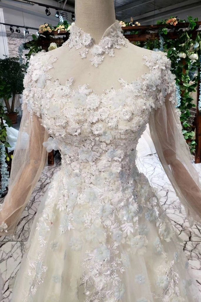 Princess Tulle High Neck Long Sleeve Handmade Flowers Lace up Prom Dresses RS795