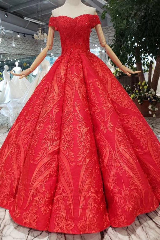Red Off The Shoulder Lace Appliques Beads with Lace up Prom Dress Quinceanera Dresses RS788