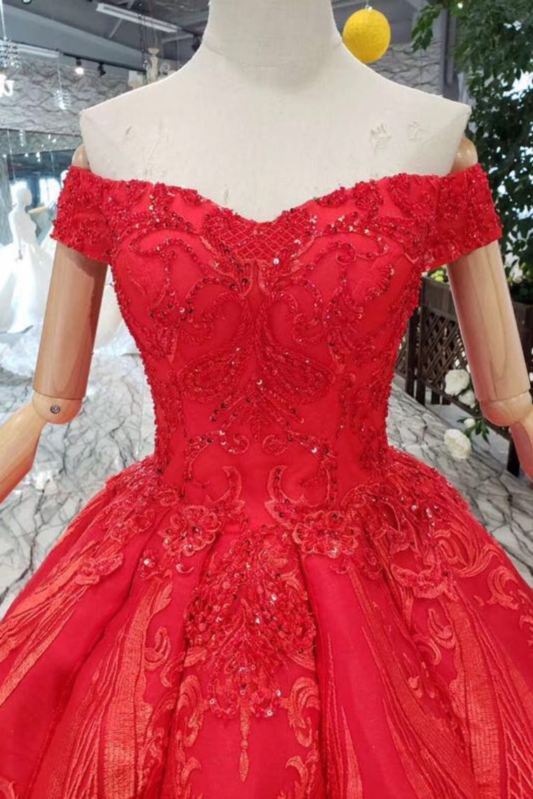 Red Off The Shoulder Lace Appliques Beads with Lace up Prom Dress Quinceanera Dresses RS788