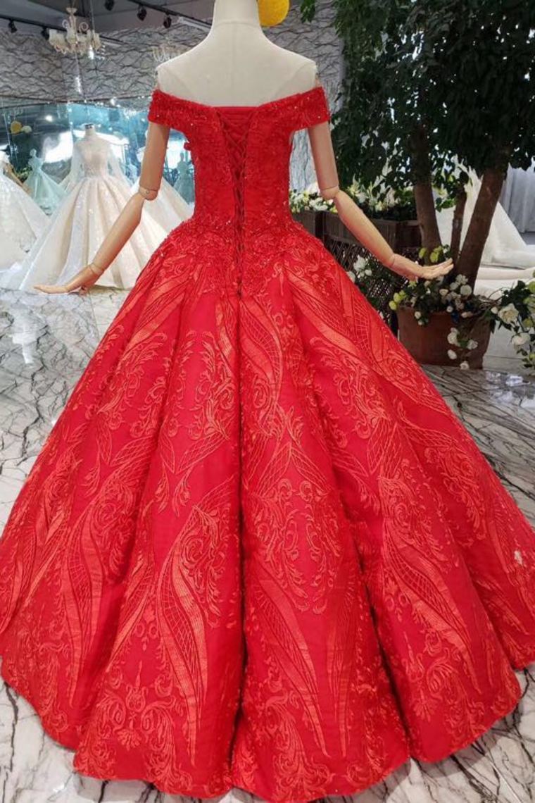 Red Off The Shoulder Lace Appliques Beads with Lace up Prom Dress Quinceanera Dresses RS788