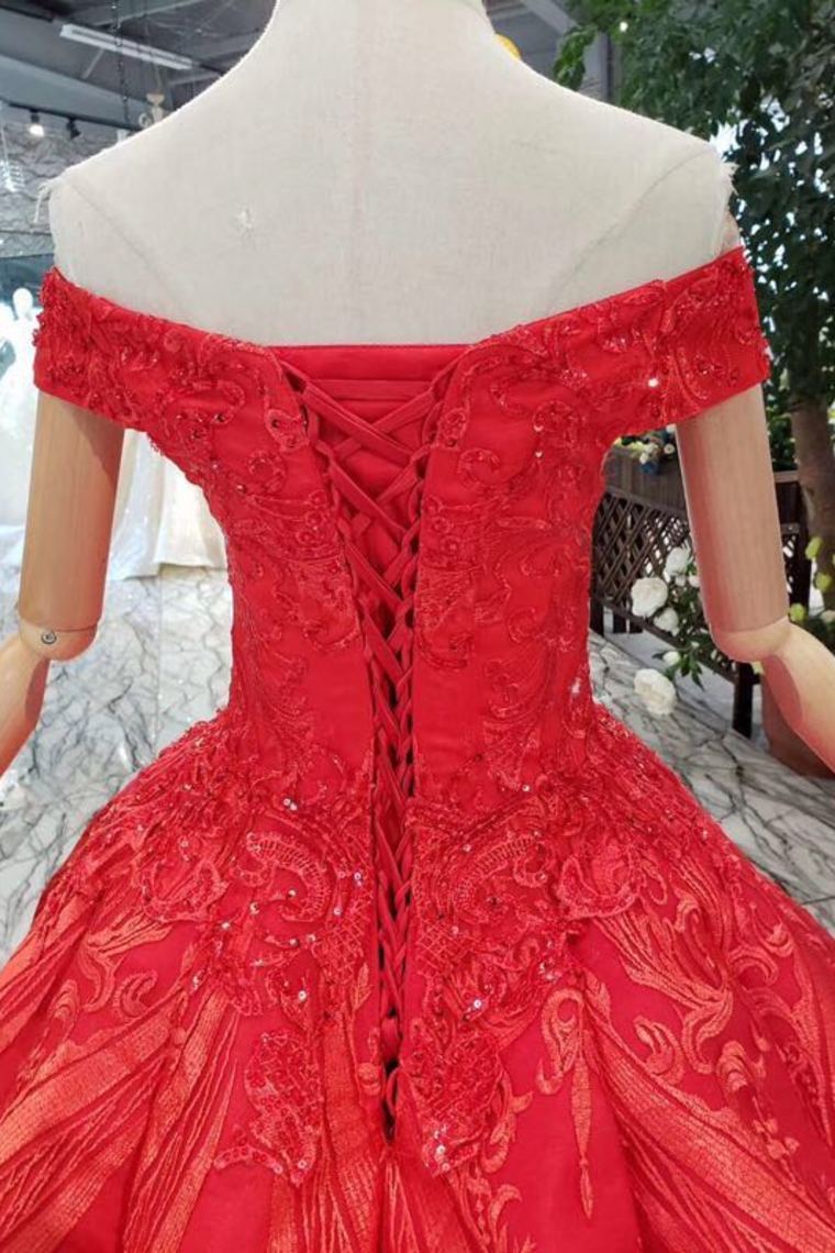Red Off The Shoulder Lace Appliques Beads with Lace up Prom Dress Quinceanera Dresses RS788