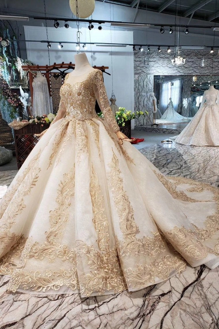 Princess Long Sleeve Ball Gown Scoop With Applique Beads Lace up Prom Dresses RS790