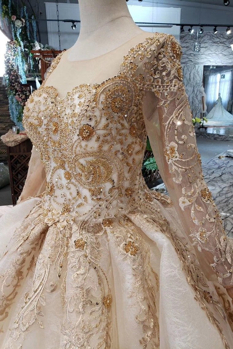 Princess Long Sleeve Ball Gown Scoop With Applique Beads Lace up Prom Dresses RS790