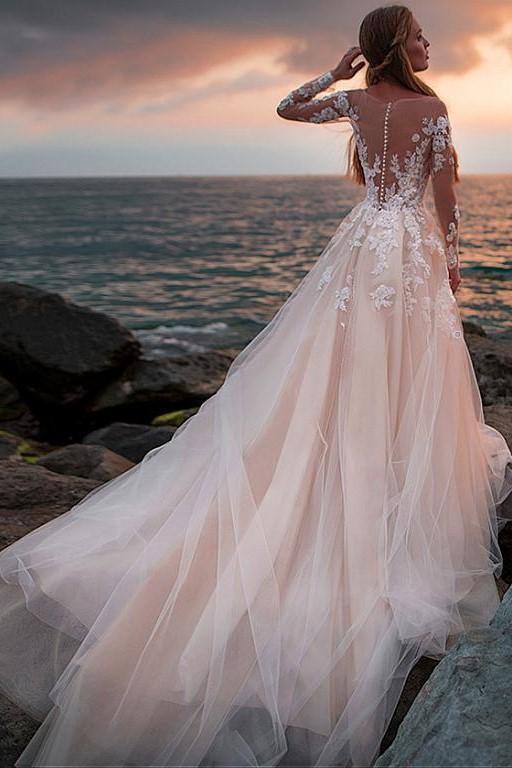 A Line Pink Long Sleeves Round Neck Tulle Wedding Dresses with Appliques, Wedding Gowns SRS15012