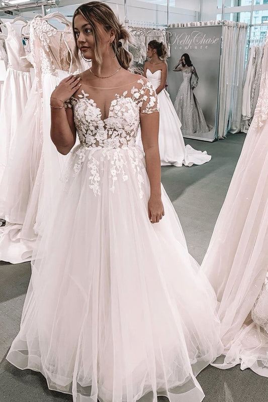 Elegant Ball Gown Ivory Tulle Wedding Dresses with Appliques, Wedding Gowns SRS15155