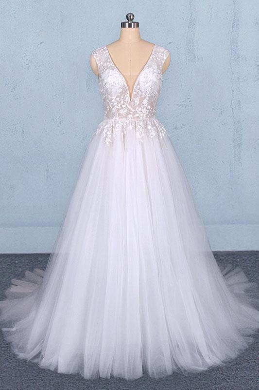 A Line Straps V Neck Lace Appliques Tulle Wedding Dresses Long Wedding Gowns SRS15034