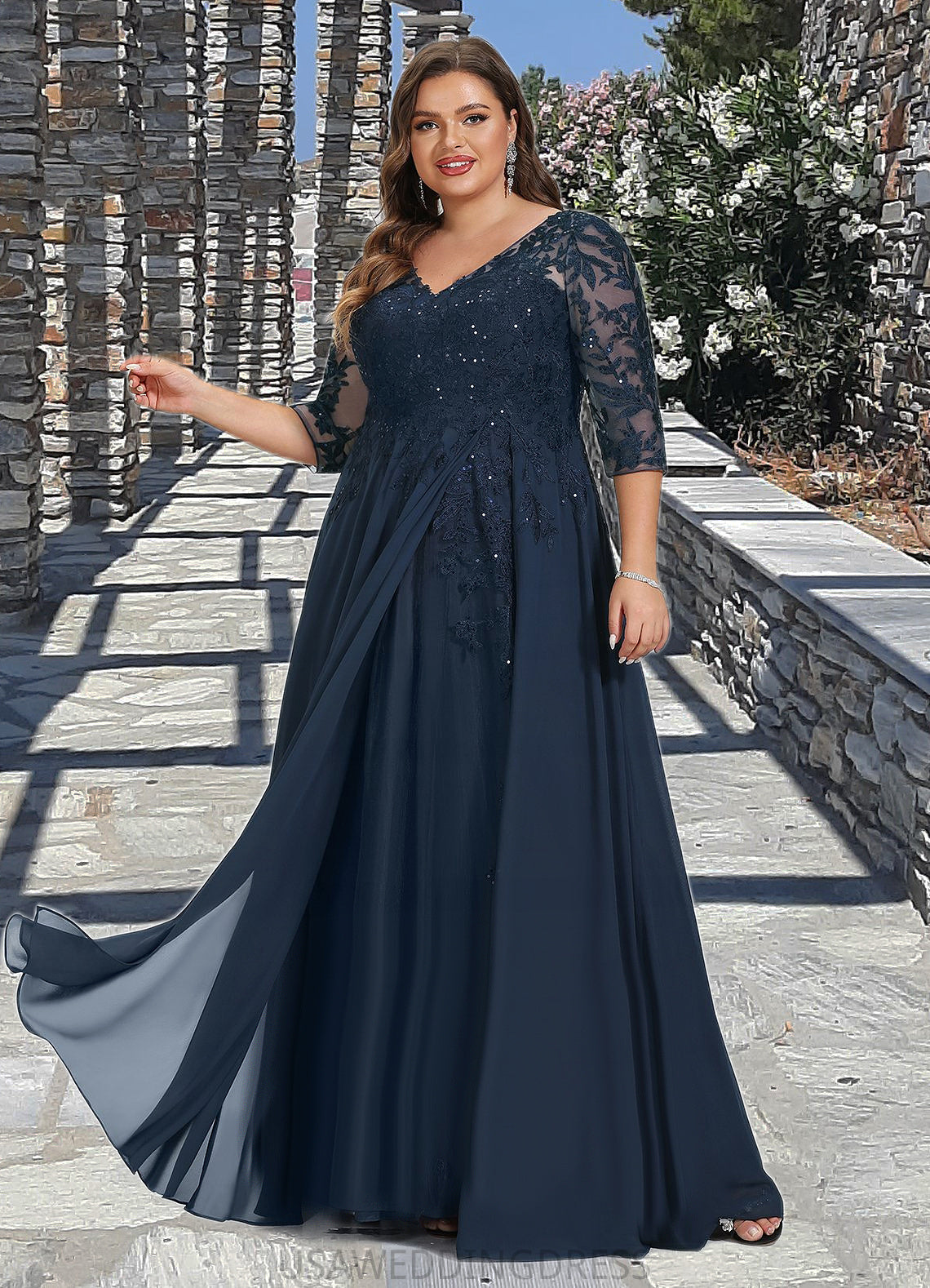 Penelope A-line V-Neck Floor-Length Chiffon Lace Mother of the Bride Dress With Sequins DS126P0021624