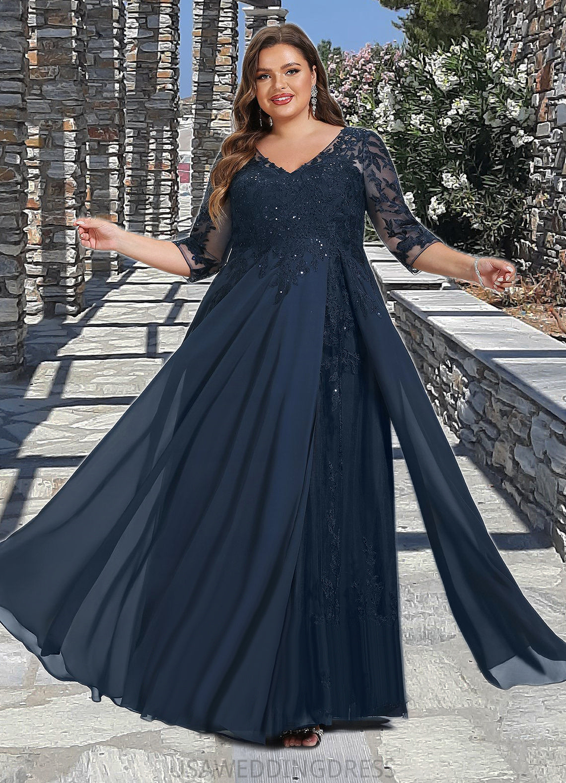 Penelope A-line V-Neck Floor-Length Chiffon Lace Mother of the Bride Dress With Sequins DS126P0021624