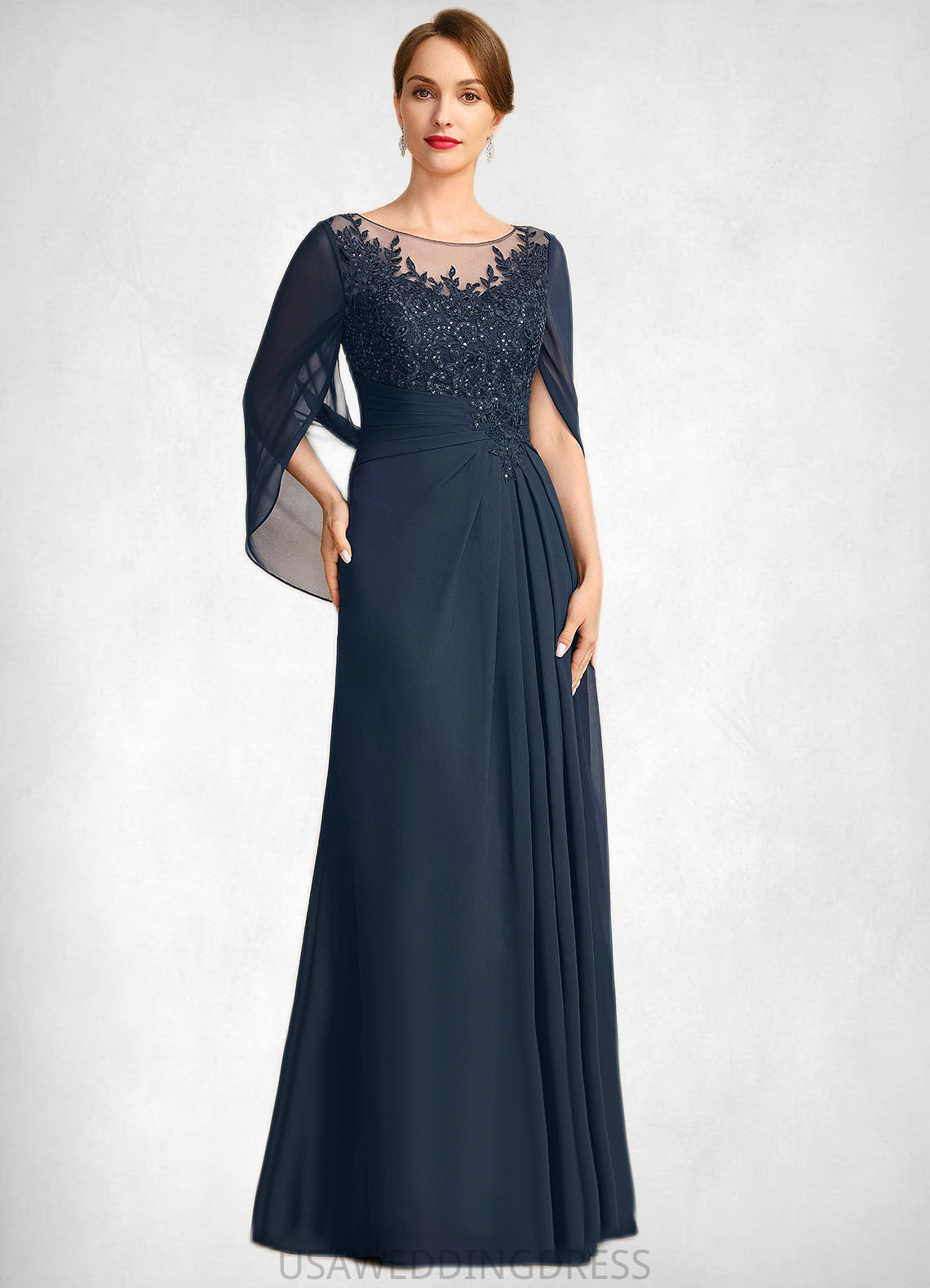 Helga A-line Scoop Illusion Floor-Length Chiffon Lace Mother of the Bride Dress With Pleated Sequins DS126P0021625