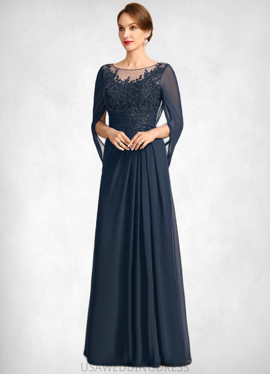 Helga A-line Scoop Illusion Floor-Length Chiffon Lace Mother of the Bride Dress With Pleated Sequins DS126P0021625