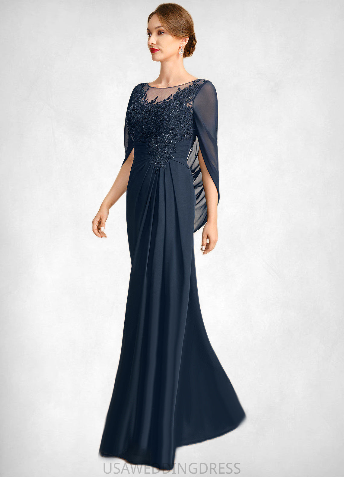 Helga A-line Scoop Illusion Floor-Length Chiffon Lace Mother of the Bride Dress With Pleated Sequins DS126P0021625