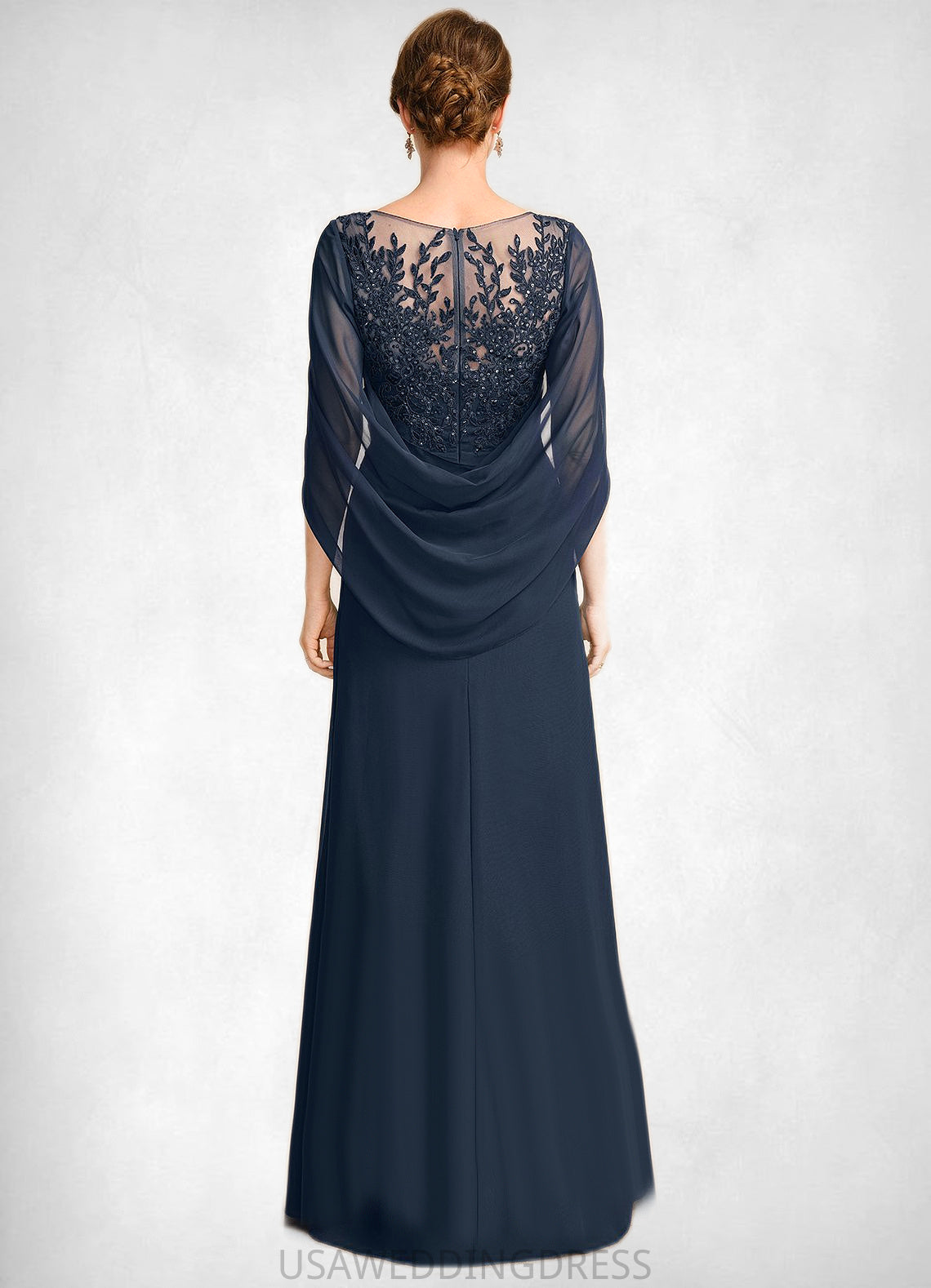 Helga A-line Scoop Illusion Floor-Length Chiffon Lace Mother of the Bride Dress With Pleated Sequins DS126P0021625
