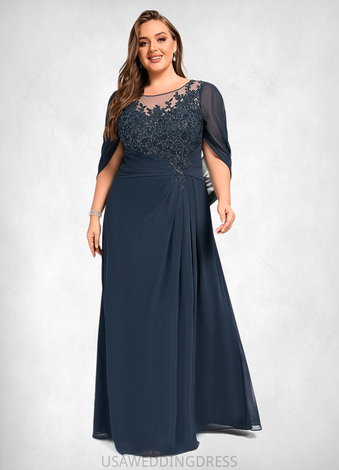Helga A-line Scoop Illusion Floor-Length Chiffon Lace Mother of the Bride Dress With Pleated Sequins DS126P0021625