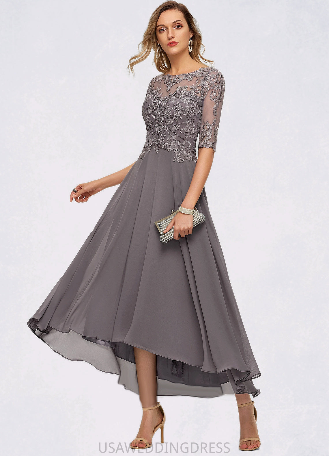 Bella A-line Boat Neck Illusion Asymmetrical Chiffon Lace Mother of the Bride Dress With Beading Sequins DS126P0021629