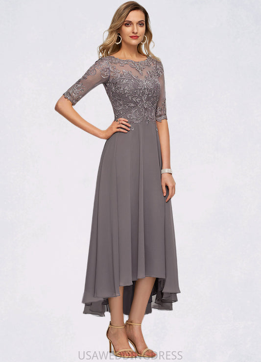 Bella A-line Boat Neck Illusion Asymmetrical Chiffon Lace Mother of the Bride Dress With Beading Sequins DS126P0021629