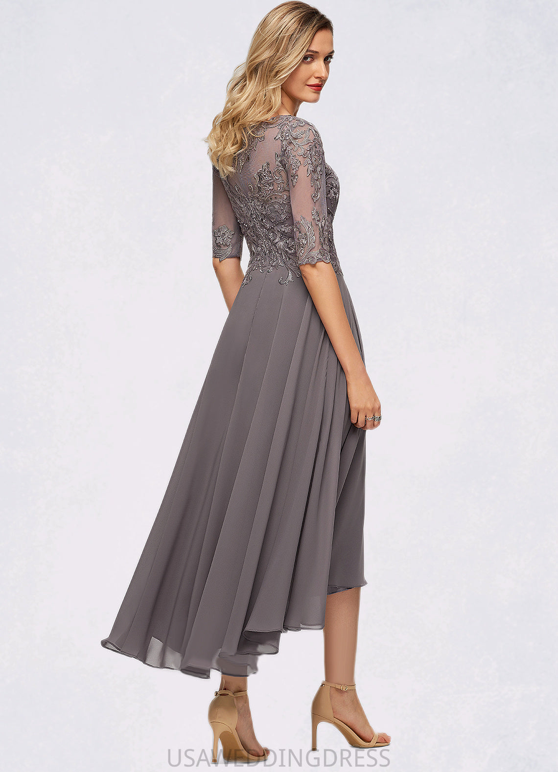 Bella A-line Boat Neck Illusion Asymmetrical Chiffon Lace Mother of the Bride Dress With Beading Sequins DS126P0021629