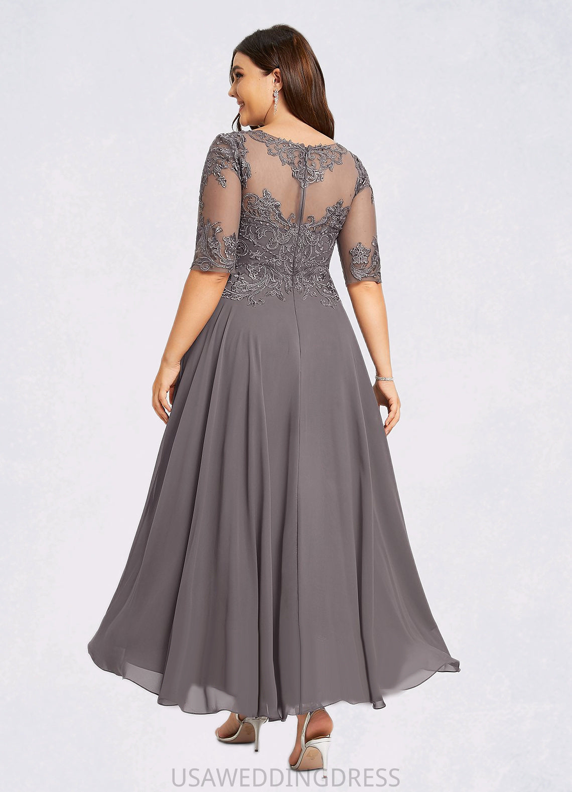 Bella A-line Boat Neck Illusion Asymmetrical Chiffon Lace Mother of the Bride Dress With Beading Sequins DS126P0021629