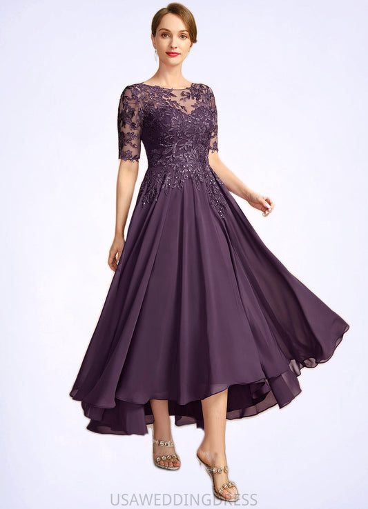 Marilyn A-line Scoop Illusion Asymmetrical Chiffon Lace Mother of the Bride Dress With Sequins DS126P0021630