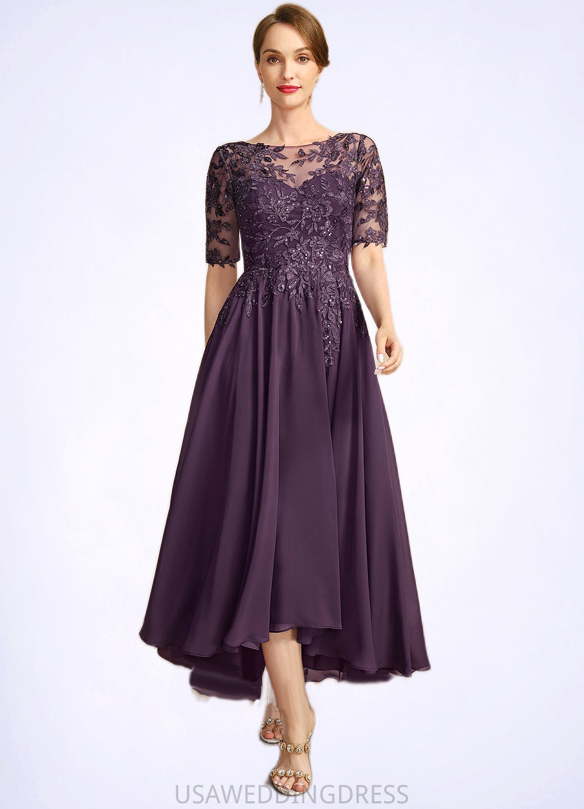 Marilyn A-line Scoop Illusion Asymmetrical Chiffon Lace Mother of the Bride Dress With Sequins DS126P0021630