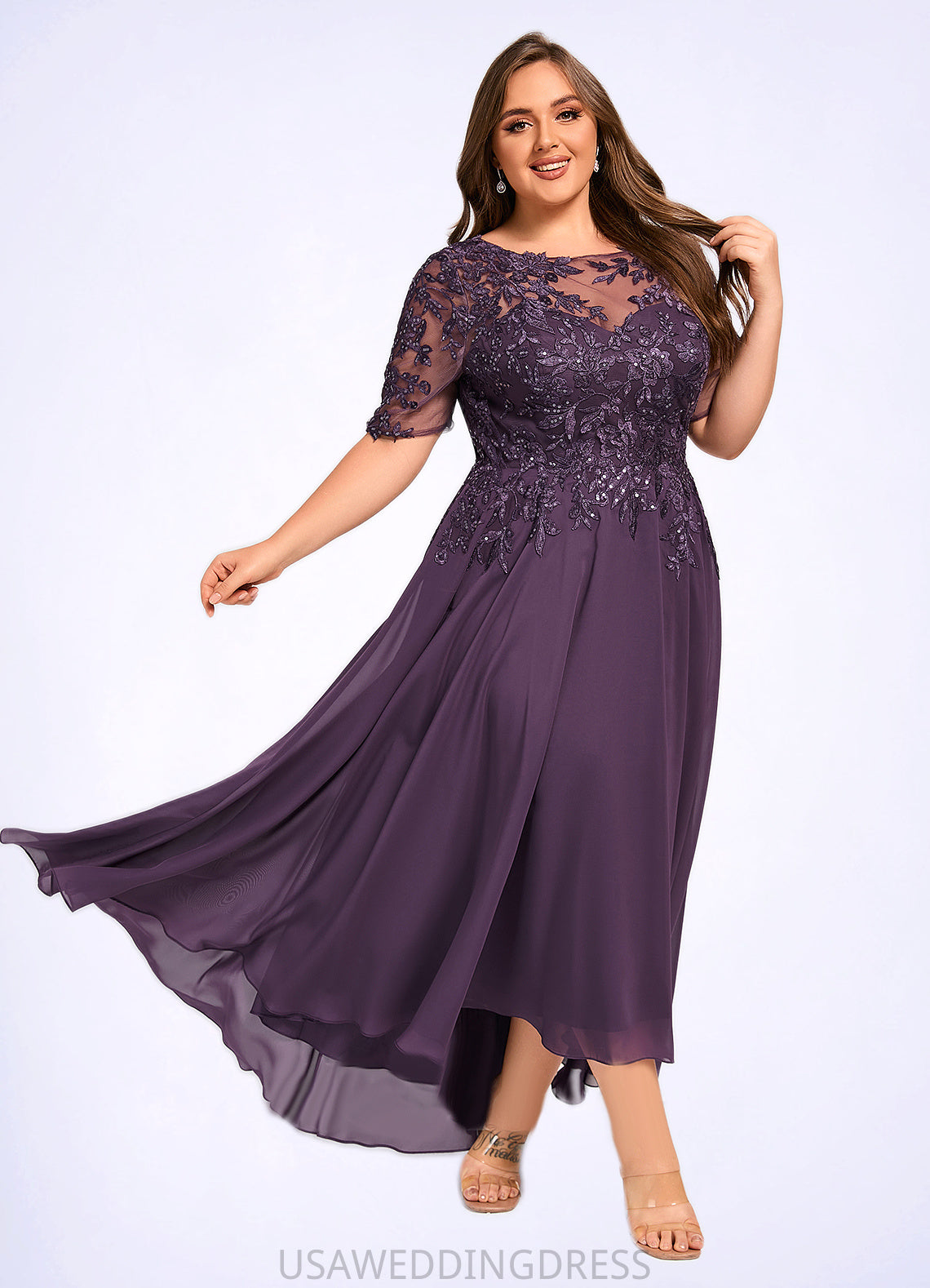 Marilyn A-line Scoop Illusion Asymmetrical Chiffon Lace Mother of the Bride Dress With Sequins DS126P0021630