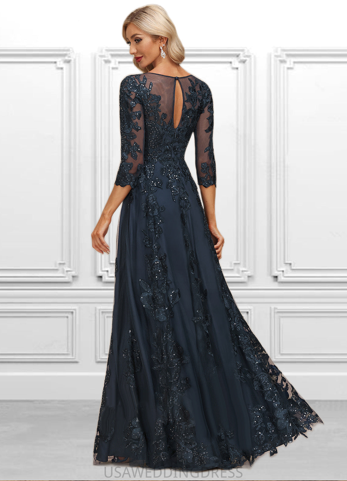 Maryjane A-line Scoop Illusion Floor-Length Lace Tulle Mother of the Bride Dress With Sequins DS126P0021631