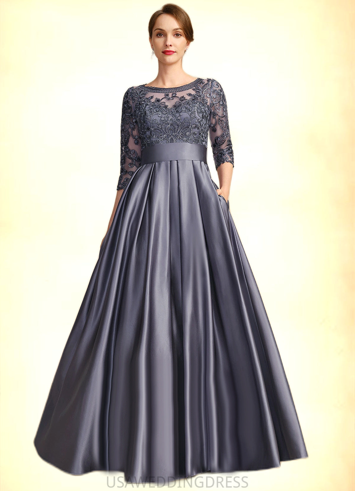Finley A-line Scoop Illusion Floor-Length Lace Satin Mother of the Bride Dress With Bow Sequins DS126P0021633