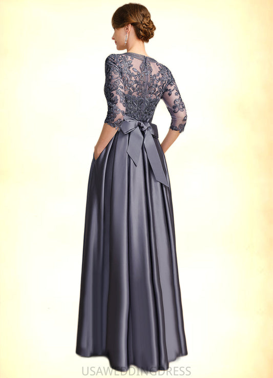 Finley A-line Scoop Illusion Floor-Length Lace Satin Mother of the Bride Dress With Bow Sequins DS126P0021633