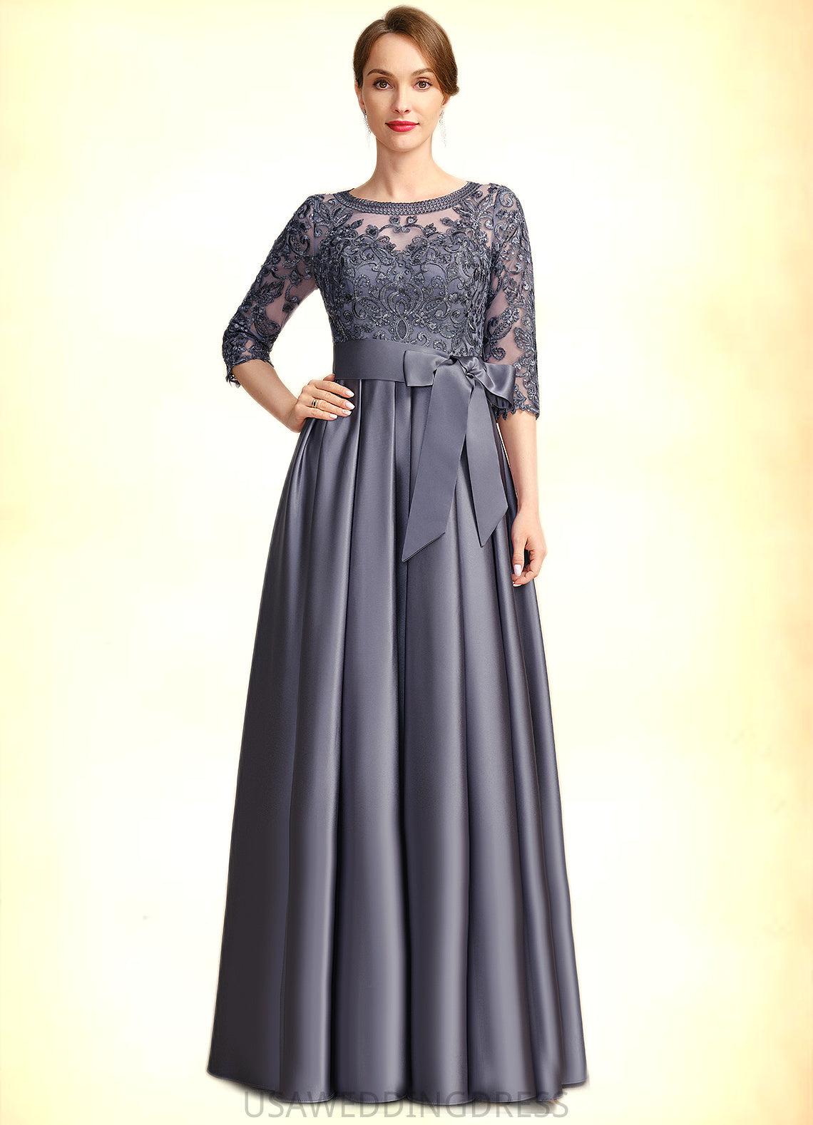 Finley A-line Scoop Illusion Floor-Length Lace Satin Mother of the Bride Dress With Bow Sequins DS126P0021633