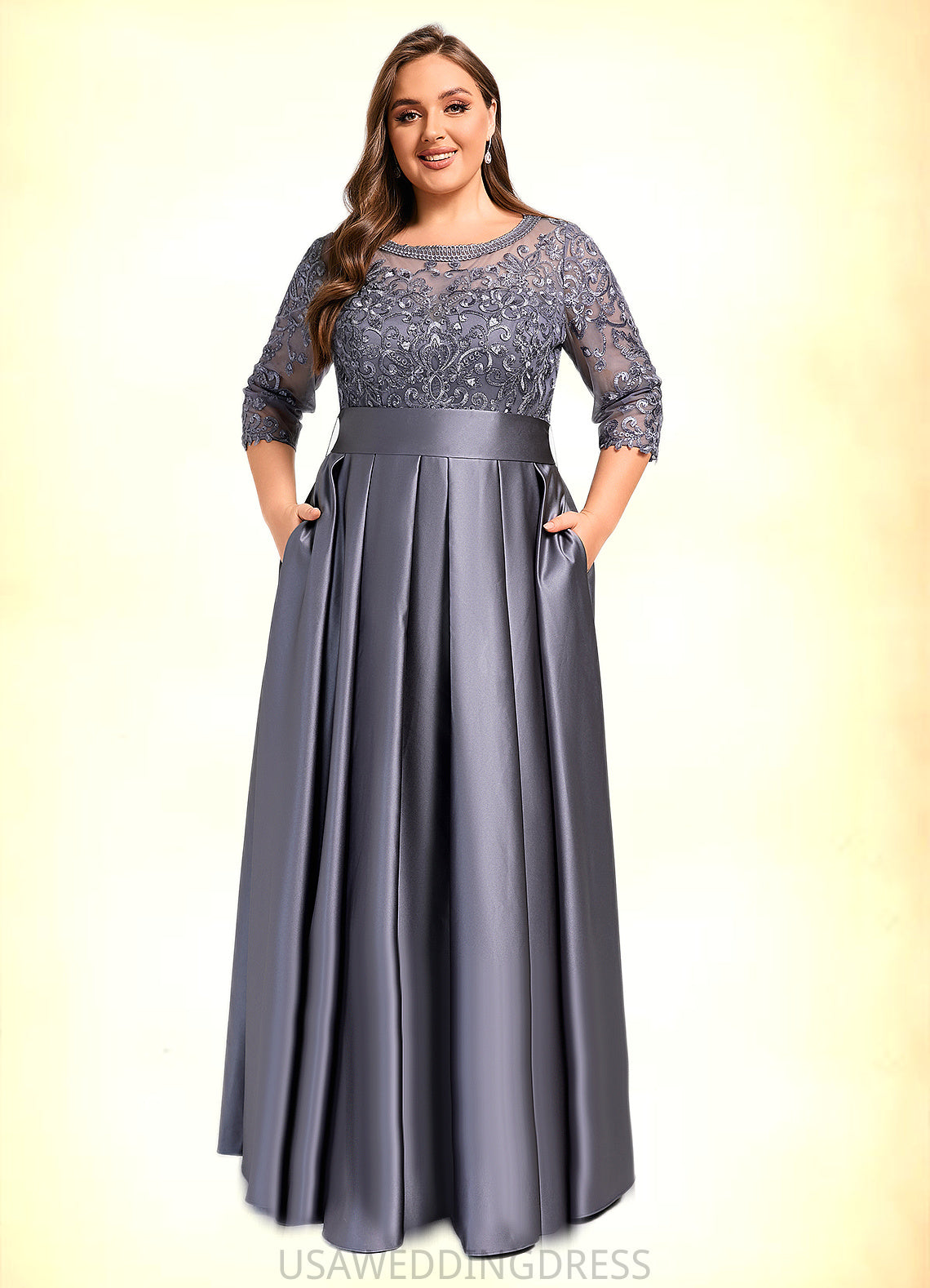 Finley A-line Scoop Illusion Floor-Length Lace Satin Mother of the Bride Dress With Bow Sequins DS126P0021633