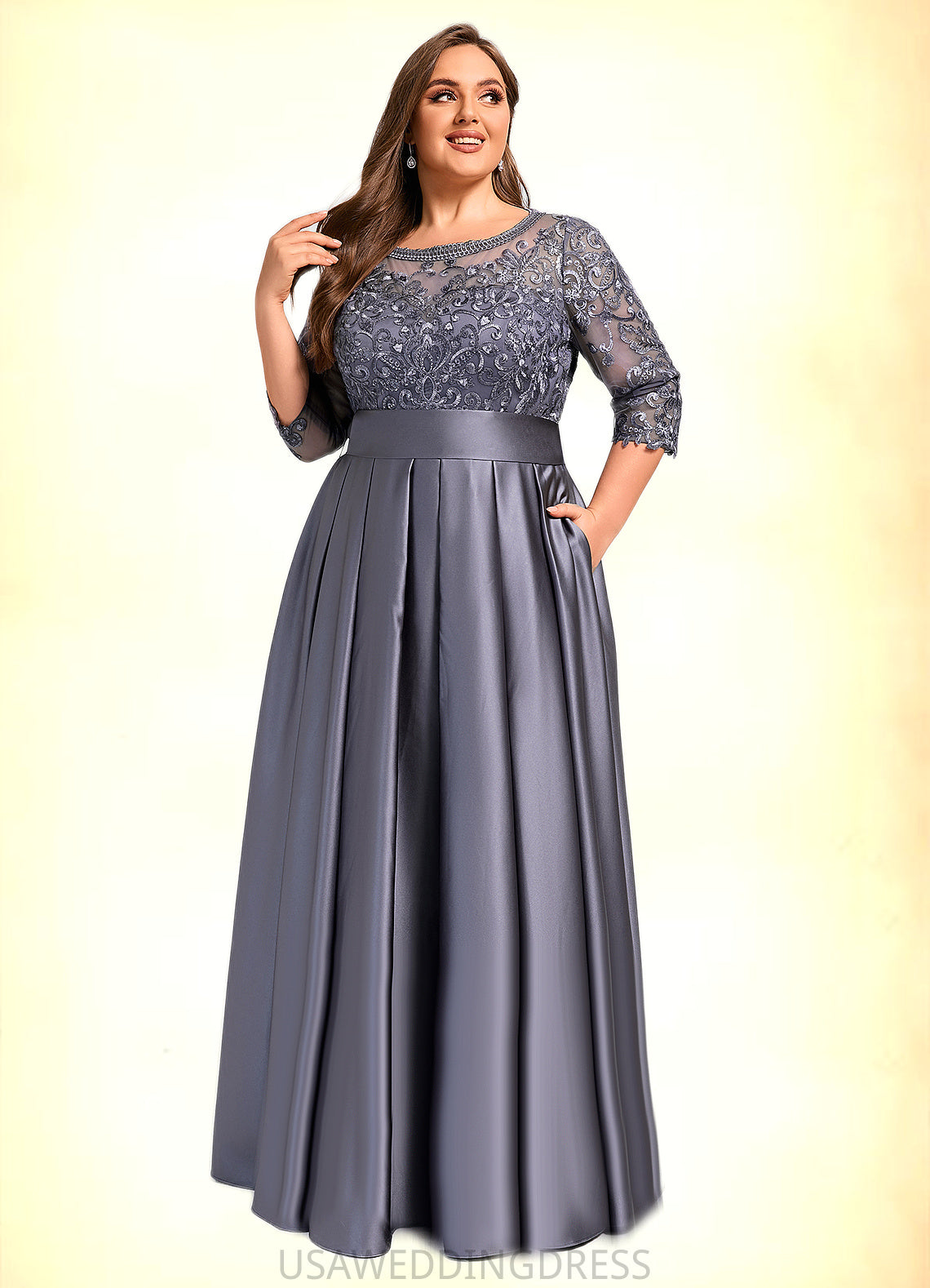 Finley A-line Scoop Illusion Floor-Length Lace Satin Mother of the Bride Dress With Bow Sequins DS126P0021633