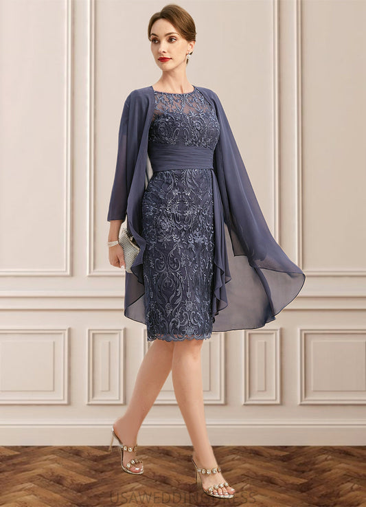 Taylor Sheath/Column Scoop Illusion Knee-Length Chiffon Lace Mother of the Bride Dress With Cascading Ruffles Sequins DS126P0021634