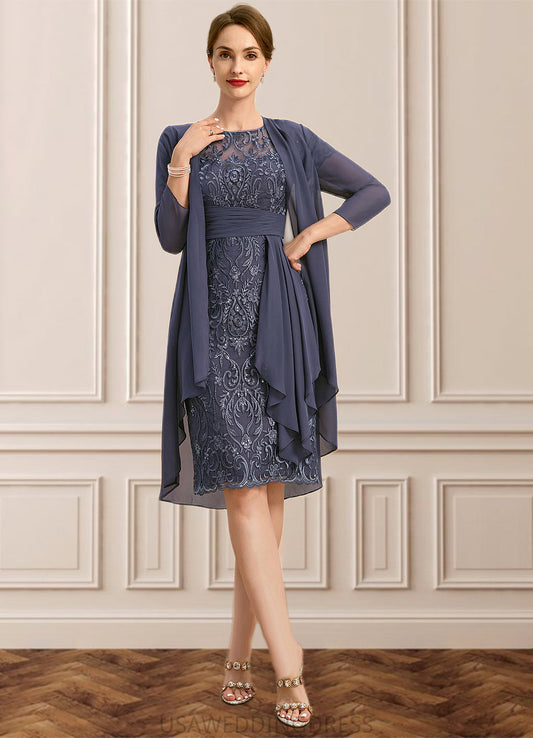 Taylor Sheath/Column Scoop Illusion Knee-Length Chiffon Lace Mother of the Bride Dress With Cascading Ruffles Sequins DS126P0021634