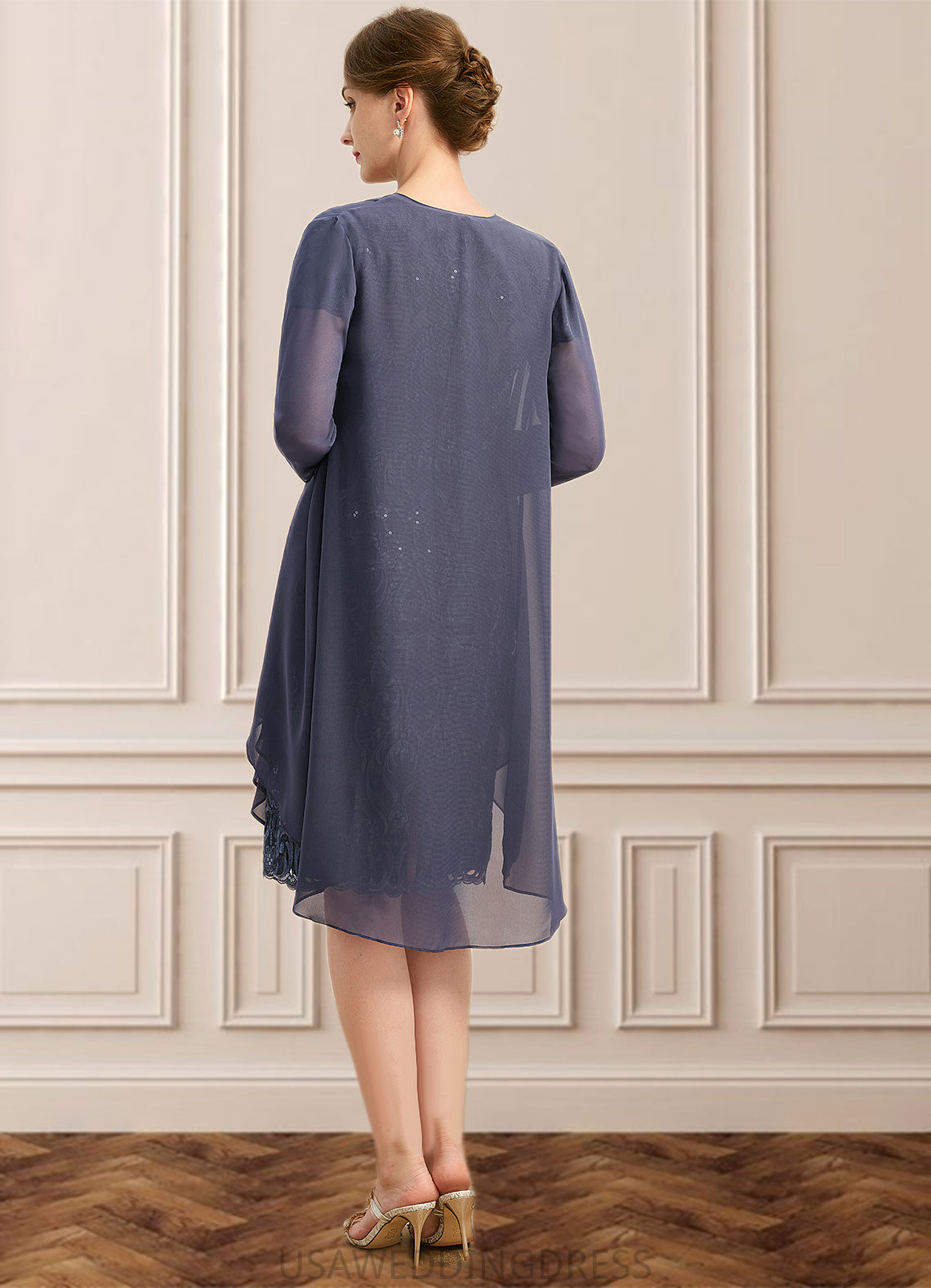 Taylor Sheath/Column Scoop Illusion Knee-Length Chiffon Lace Mother of the Bride Dress With Cascading Ruffles Sequins DS126P0021634