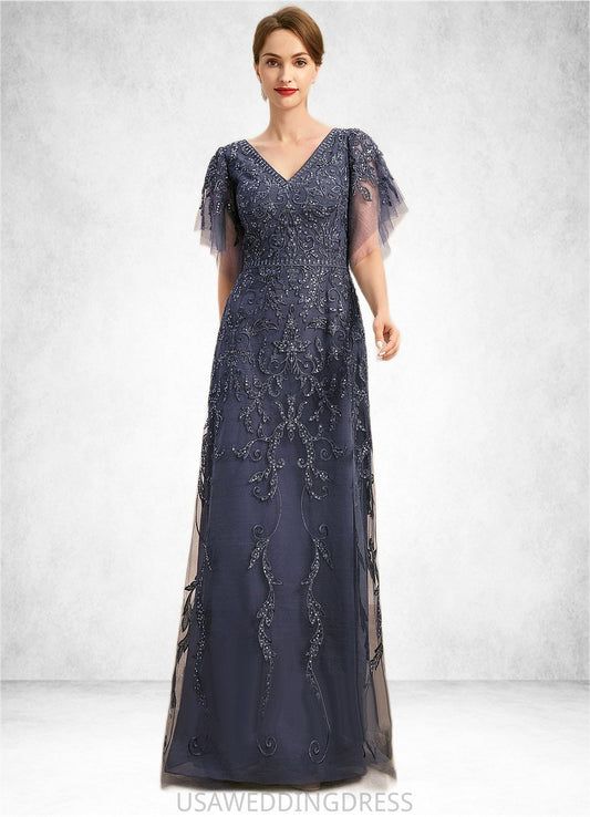 Jess A-line V-Neck Floor-Length Lace Tulle Mother of the Bride Dress With Sequins DS126P0021635