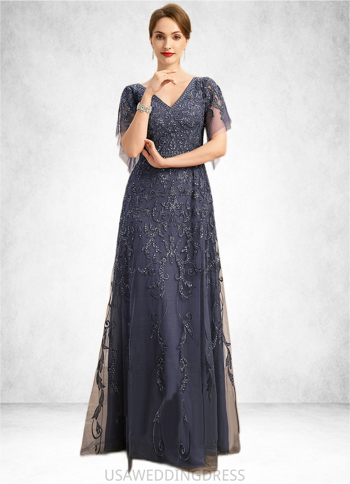 Jess A-line V-Neck Floor-Length Lace Tulle Mother of the Bride Dress With Sequins DS126P0021635