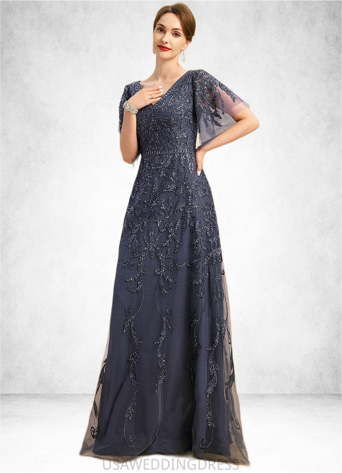 Jess A-line V-Neck Floor-Length Lace Tulle Mother of the Bride Dress With Sequins DS126P0021635