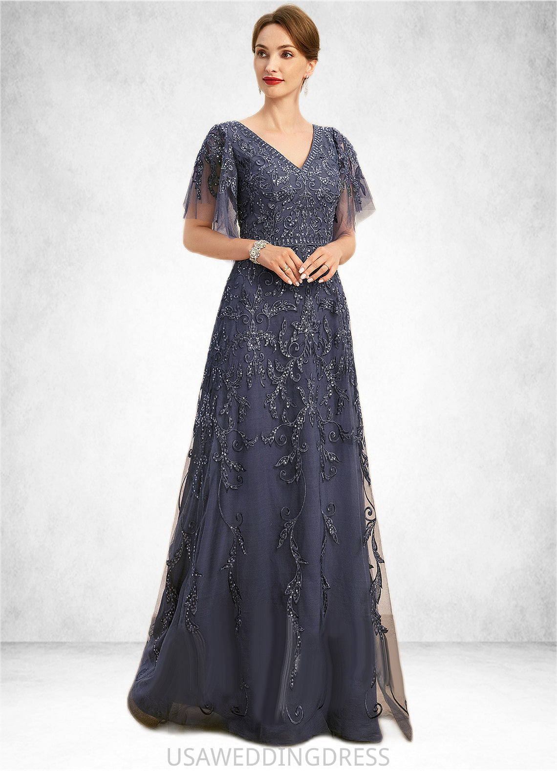 Jess A-line V-Neck Floor-Length Lace Tulle Mother of the Bride Dress With Sequins DS126P0021635
