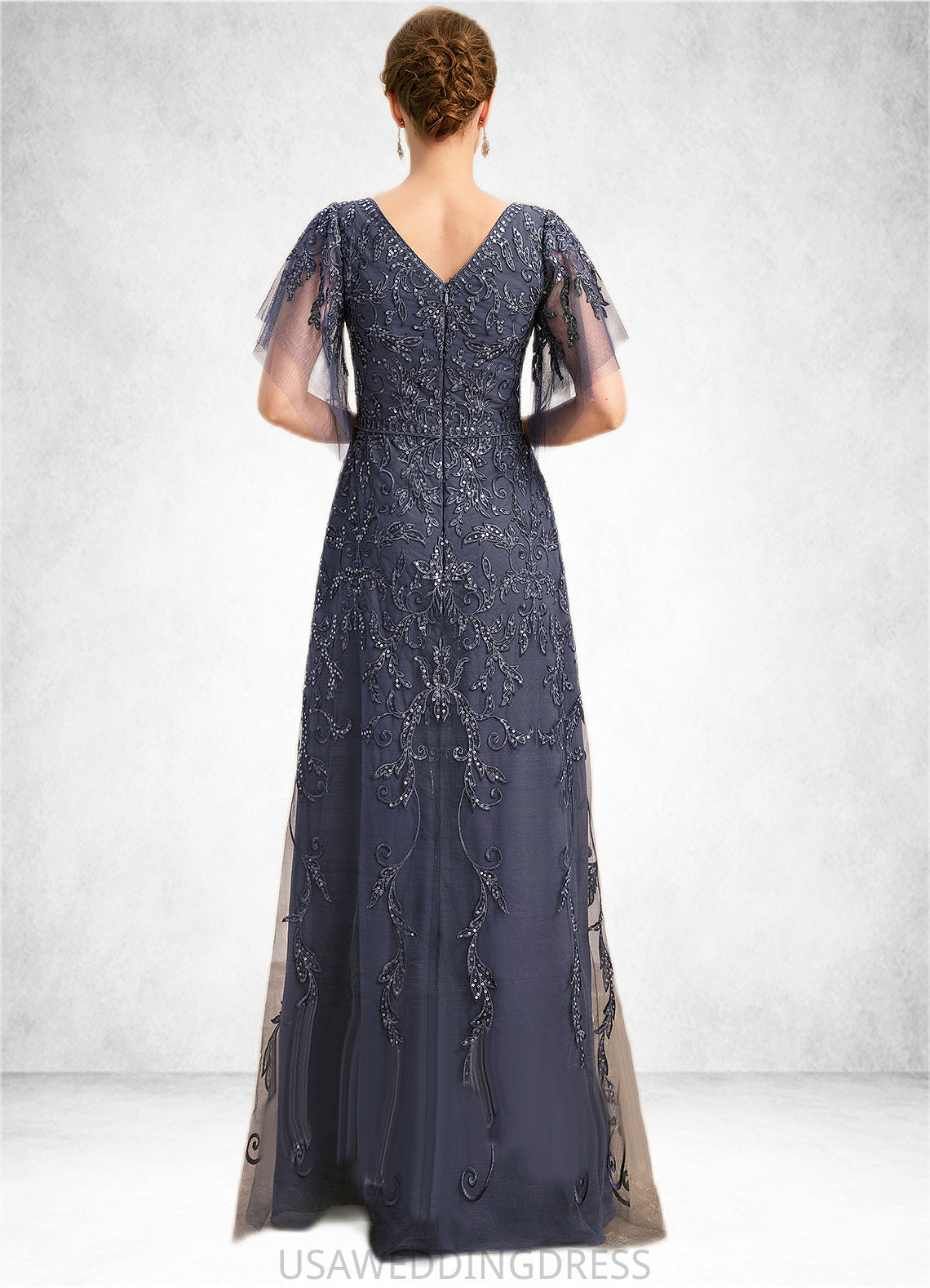 Jess A-line V-Neck Floor-Length Lace Tulle Mother of the Bride Dress With Sequins DS126P0021635