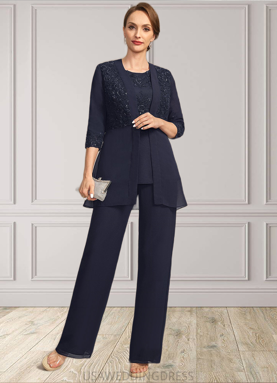 Maliyah Jumpsuit/Pantsuit Separates Scoop Floor-Length Chiffon Lace Mother of the Bride Dress With Sequins DS126P0021637