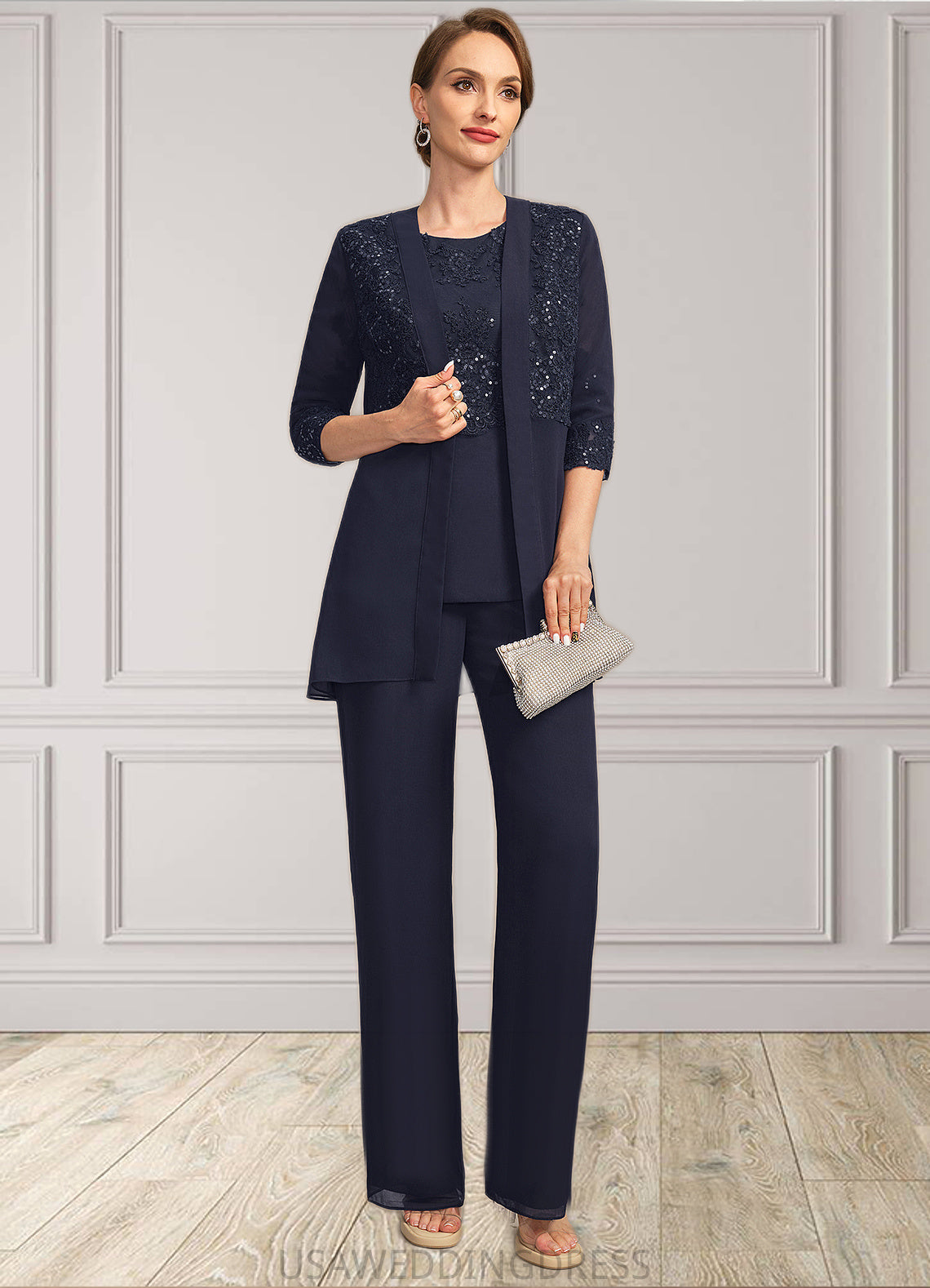 Maliyah Jumpsuit/Pantsuit Separates Scoop Floor-Length Chiffon Lace Mother of the Bride Dress With Sequins DS126P0021637