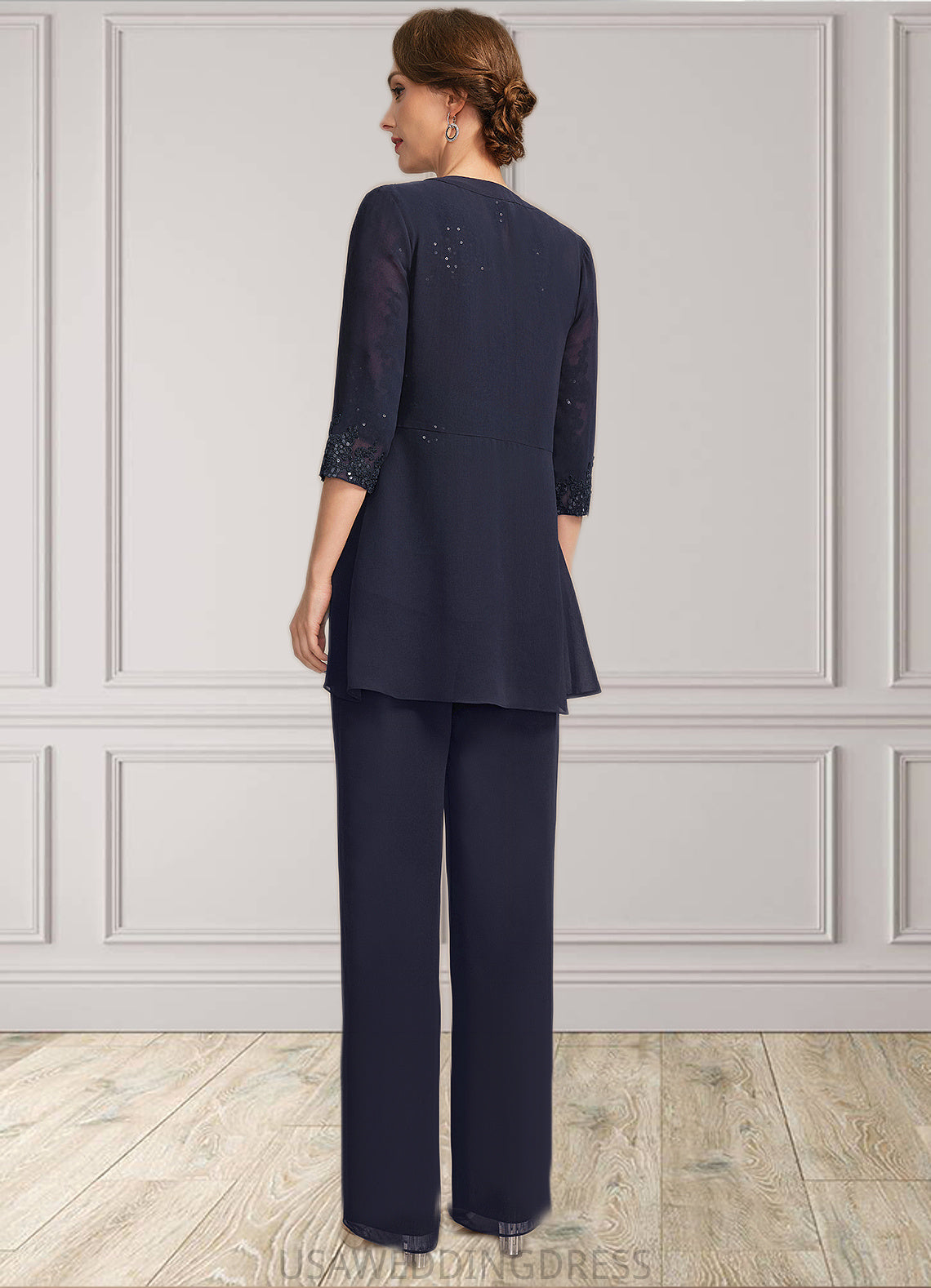 Maliyah Jumpsuit/Pantsuit Separates Scoop Floor-Length Chiffon Lace Mother of the Bride Dress With Sequins DS126P0021637