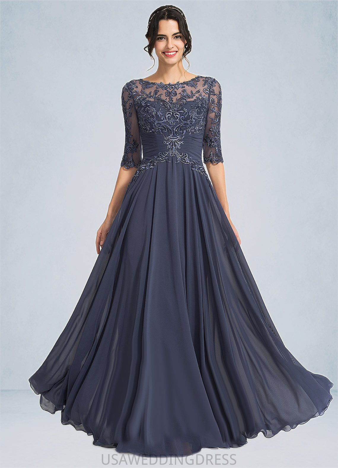 Desiree A-line Scoop Illusion Floor-Length Chiffon Lace Mother of the Bride Dress With Pleated Sequins DS126P0021639