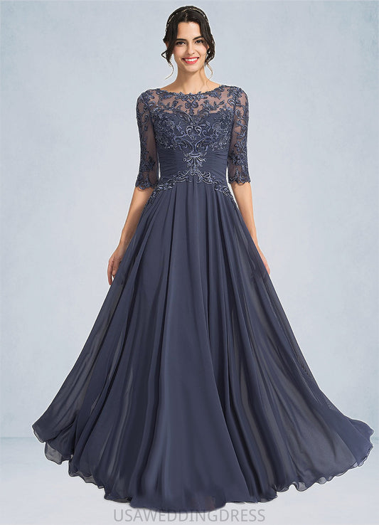 Desiree A-line Scoop Illusion Floor-Length Chiffon Lace Mother of the Bride Dress With Pleated Sequins DS126P0021639