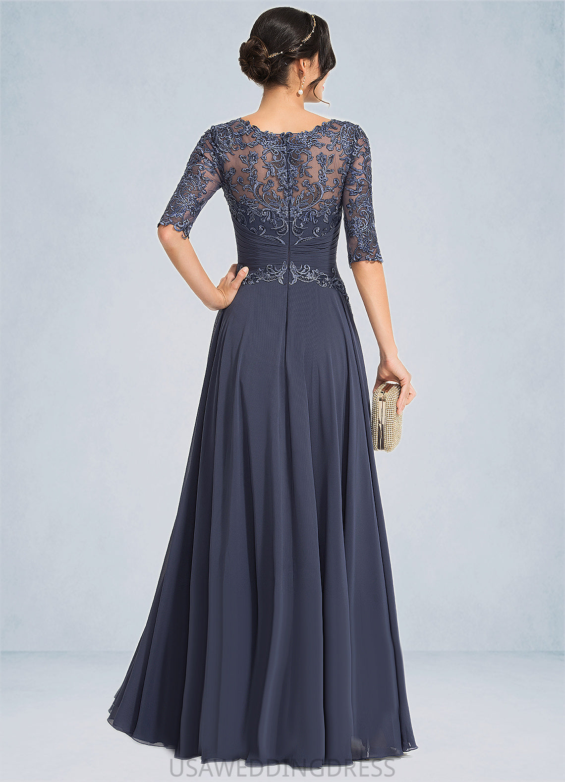 Desiree A-line Scoop Illusion Floor-Length Chiffon Lace Mother of the Bride Dress With Pleated Sequins DS126P0021639